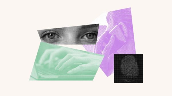 Collage featuring a set of eyes, hands typing on a keyboard, a person talking on a cell phone and a fingerprint