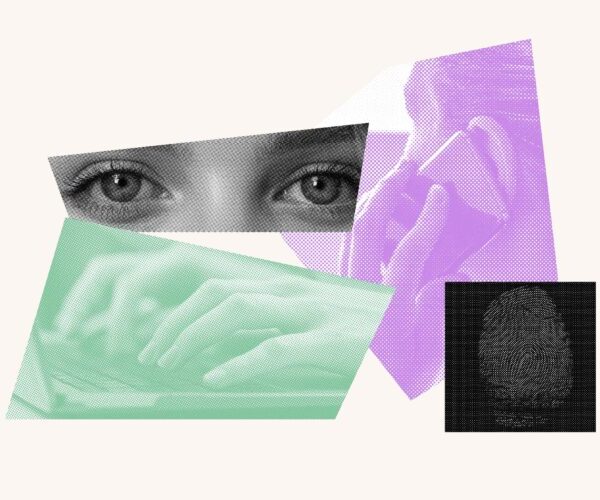 Collage featuring a set of eyes, hands typing on a keyboard, a person talking on a cell phone and a fingerprint