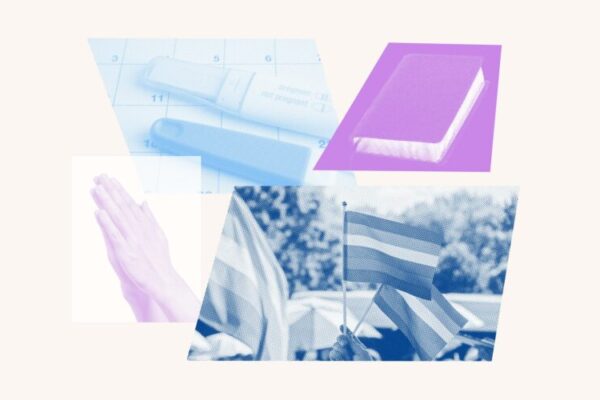 Collage with hands praying, a bible, a flag and a pregnancy test