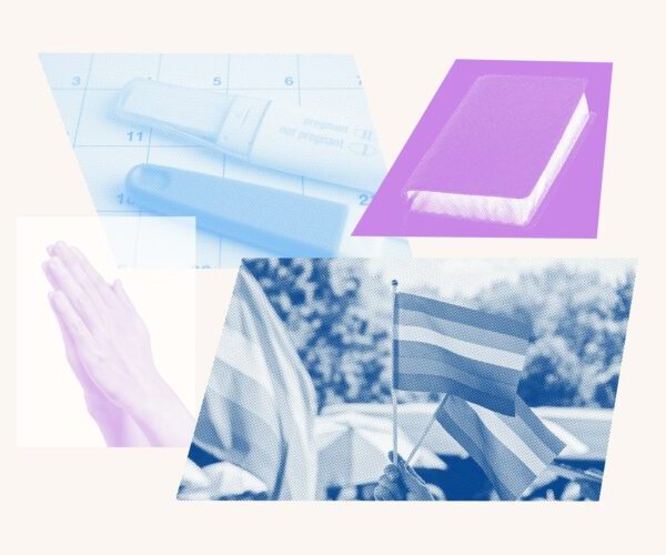 Collage with hands praying, a bible, a flag and a pregnancy test