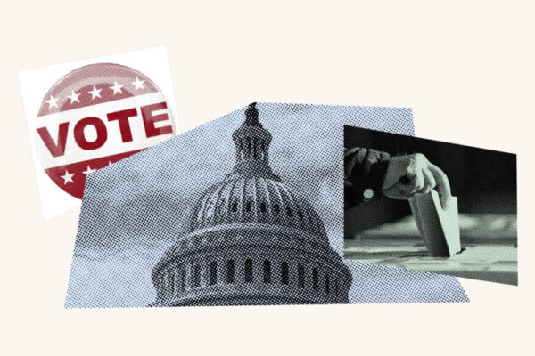 Collage with voting sticker, image of the White House and a ballot being cast