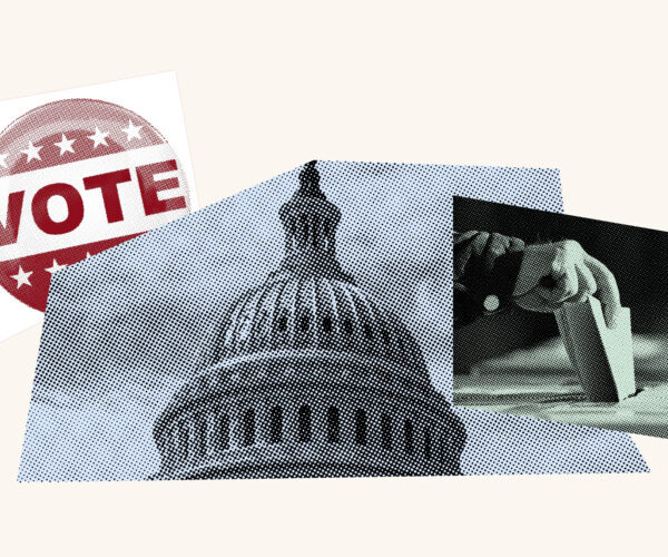 Collage with voting sticker, image of the White House and a ballot being cast