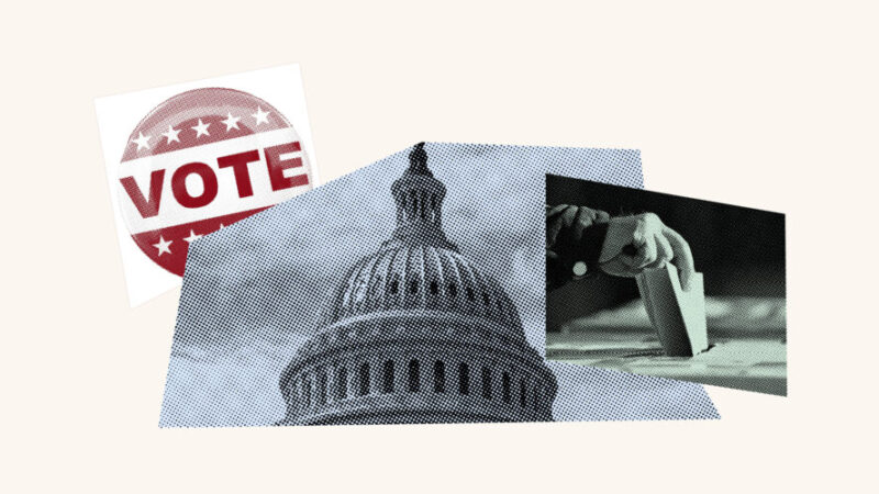 Collage with voting sticker, image of the White House and a ballot being cast