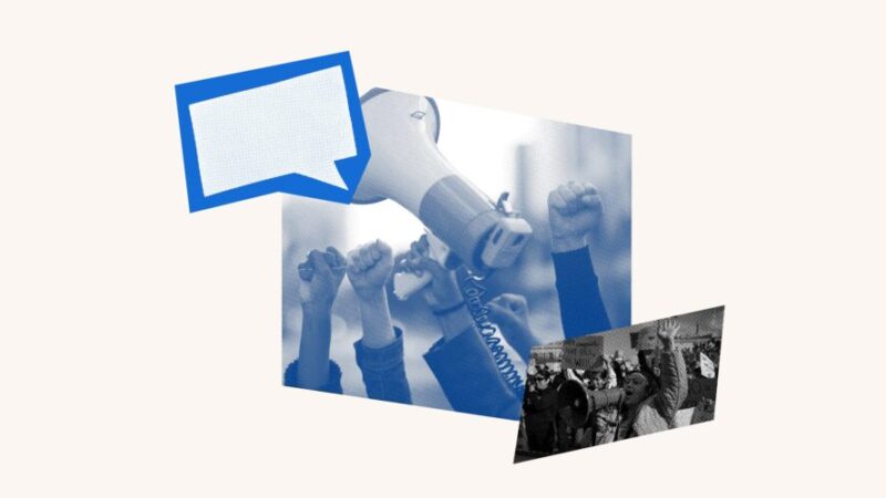 Free Speech collage featuring megaphone with raised fists