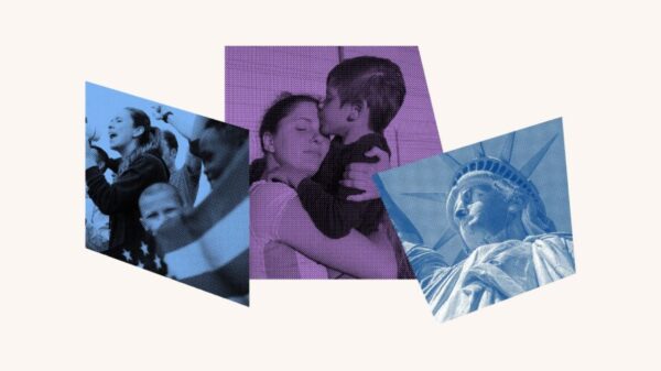 Collage of protestors, a mother and her child and the statue of liberty