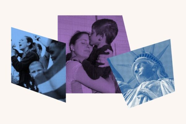 Collage of protestors, a mother and her child and the statue of liberty