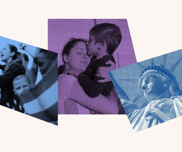 Collage of protestors, a mother and her child and the statue of liberty