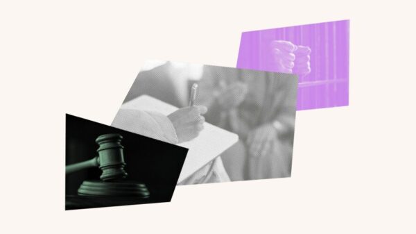 Collage with a gavel, a person filling out paperwork and hands on prison bars