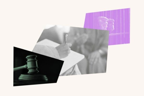 Collage with a gavel, a person filling out paperwork and hands on prison bars