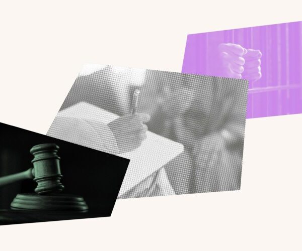 Collage with a gavel, a person filling out paperwork and hands on prison bars