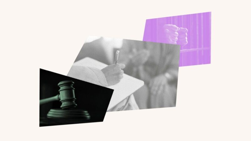 Collage with a gavel, a person filling out paperwork and hands on prison bars