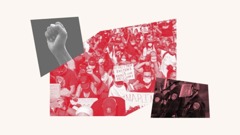 A collage with a raised fist, protestors