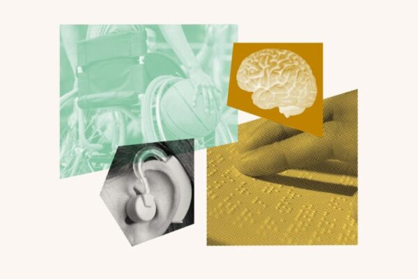 Collage featuring disability-centered images such as a hearing aid, braille, a brain and a wheelchair