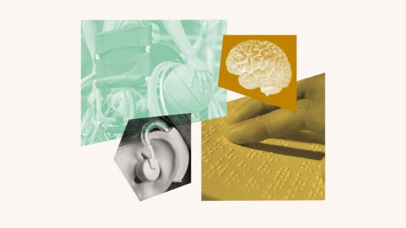 Collage featuring disability-centered images such as a hearing aid, braille, a brain and a wheelchair