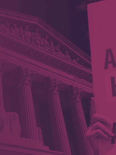 Image of the Supreme Court with a purple filter and a protest sign that reads, "ABORTION IS HEALTHCARE. ABORTION IS A RIGHT."