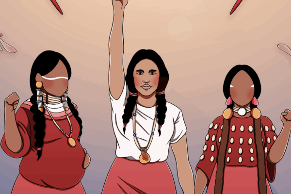Illustration of three Indigenous people surrounded by dragonflies
