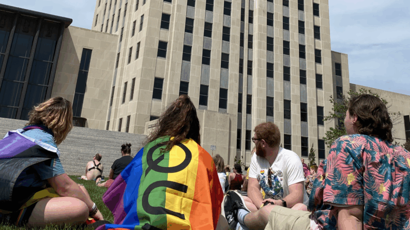 Image of people sitting on grass, one has a pride flag