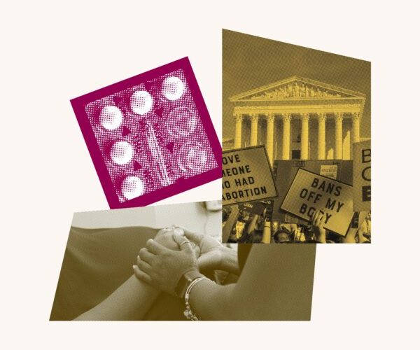 Collage featuring protestors, people holding hands and birth control