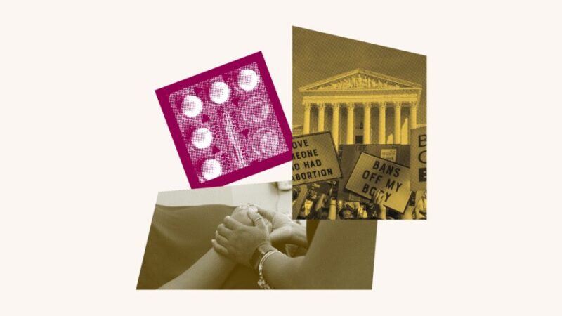 Collage featuring protestors, people holding hands and birth control