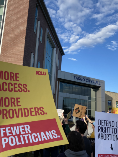 Image of a person holding a protest sign that reads, "more access. more providers. fewer politicians."
