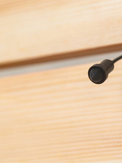 Hidden microphone coming between wooden slats on wall.