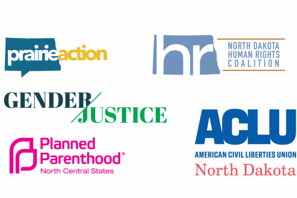 Logos for the ACLU of North Dakota, Gender Justice, North Dakota Human Rights Coalition, Planned Parenthood and Prairie Action North Dakota