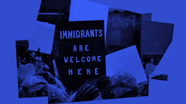 A collage of images pertaining to immigration.