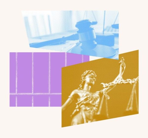 collage with prison bars, justice scale and gavel