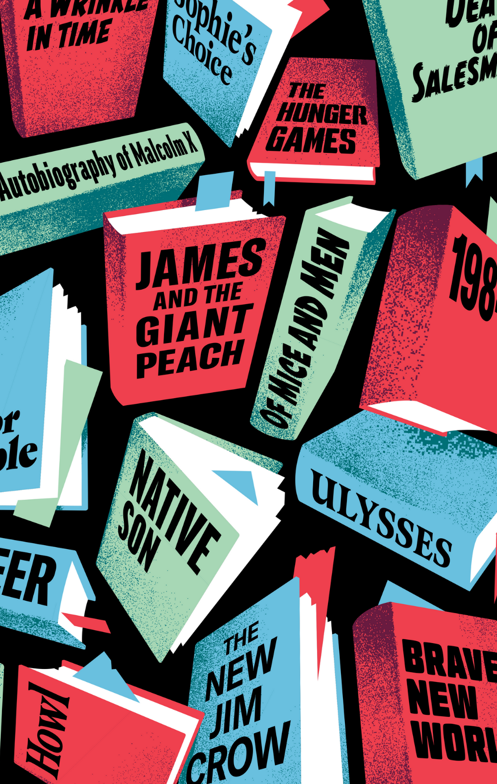 Graphic that shows a collage of banned or challenged books, like "The Color Purple" "Gender Queer" "Native Son" "James and the Giant Peach" and more.