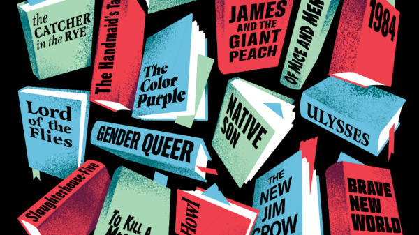 Graphic that shows a collage of banned or challenged books, like "The Color Purple" "Gender Queer" "Native Son" "James and the Giant Peach" and more.