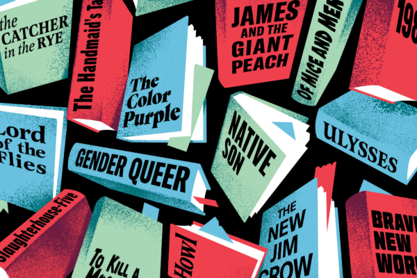 Graphic that shows a collage of banned or challenged books, like "The Color Purple" "Gender Queer" "Native Son" "James and the Giant Peach" and more.