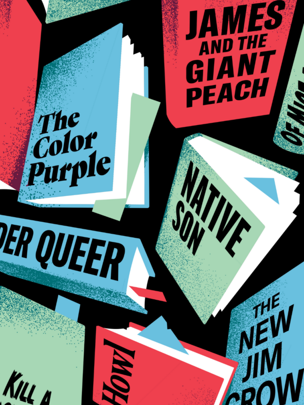 Graphic that shows a collage of banned or challenged books, like "The Color Purple" "Gender Queer" "Native Son" "James and the Giant Peach" and more.