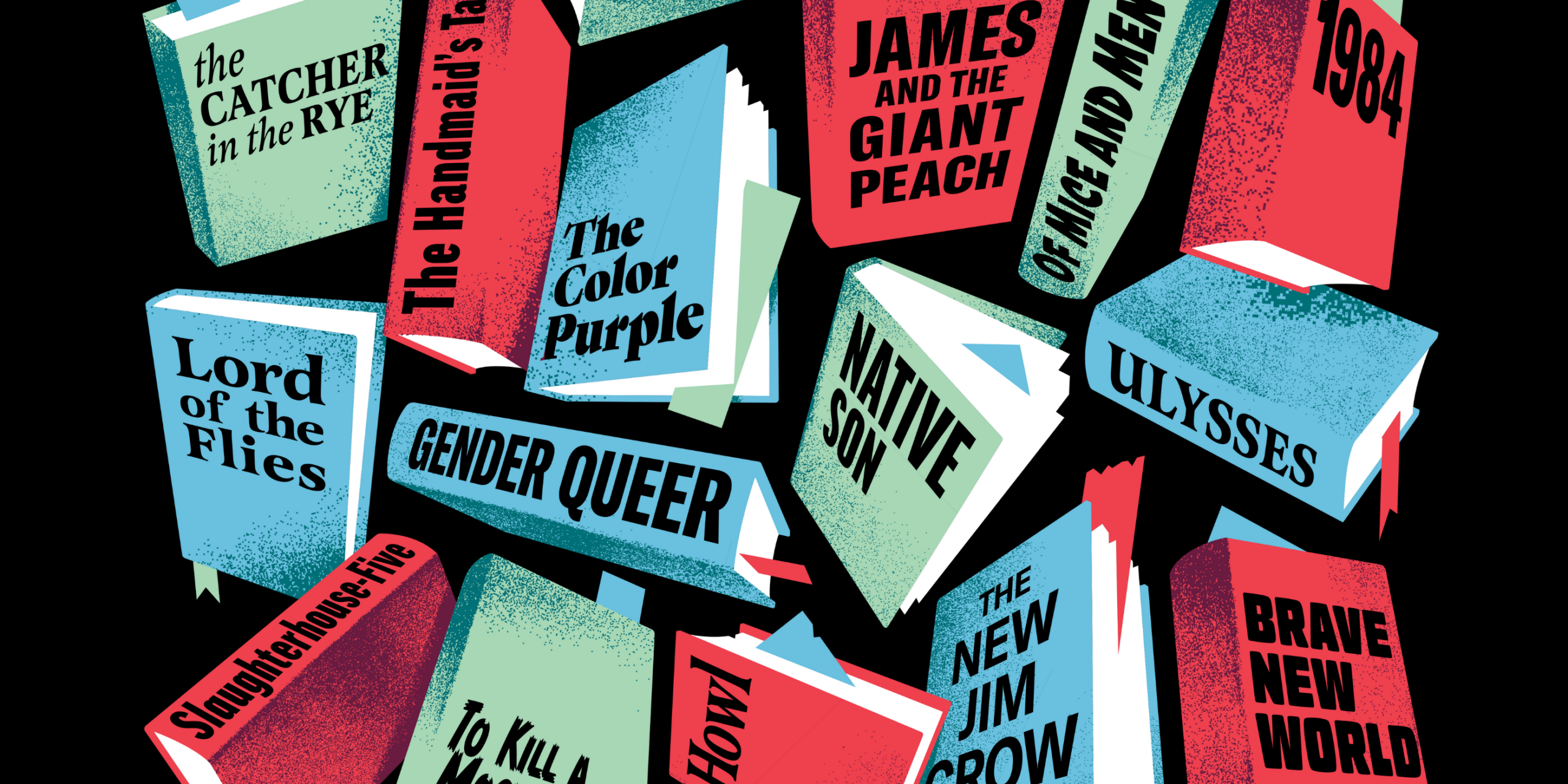 Graphic that shows a collage of banned or challenged books, like "The Color Purple" "Gender Queer" "Native Son" "James and the Giant Peach" and more.
