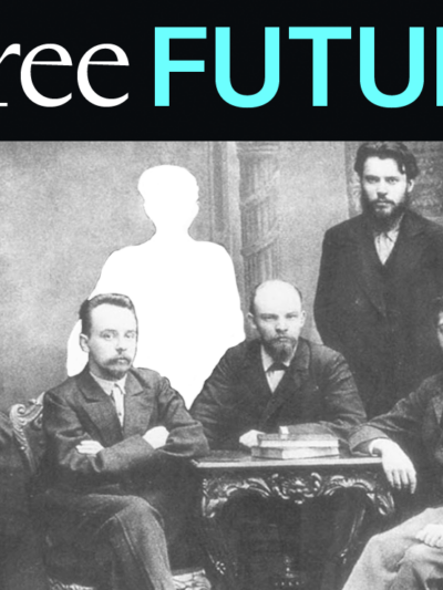 A Soviet-era photo with the white outline of a disfavored person erased