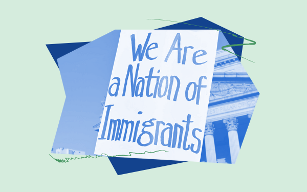 Green and blue graphic that shows an image of a protest sign that reads "We Are a Nation of Immigrants"