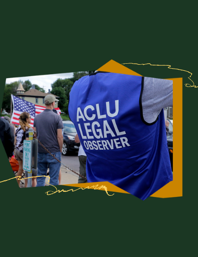 A photo of an ACLU Legal Observer at a protest with a green and gold background.