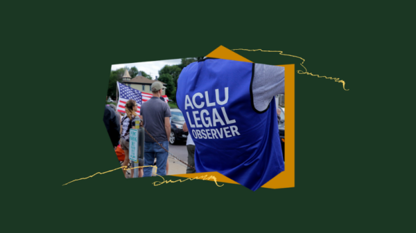 A photo of an ACLU Legal Observer at a protest with a green and gold background.