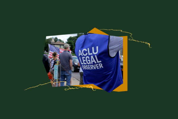 A photo of an ACLU Legal Observer at a protest with a green and gold background.