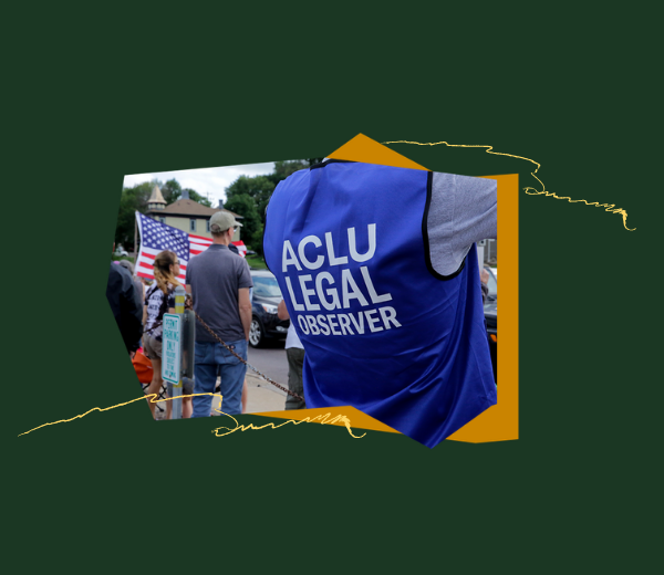 A photo of an ACLU Legal Observer at a protest with a green and gold background.