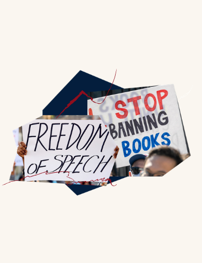 Collage with protest signs that say "Freedom of Speech" and "Stop Banning Books"