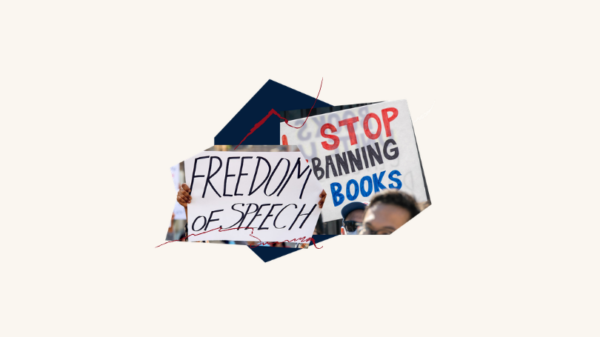 Collage with protest signs that say "Freedom of Speech" and "Stop Banning Books"
