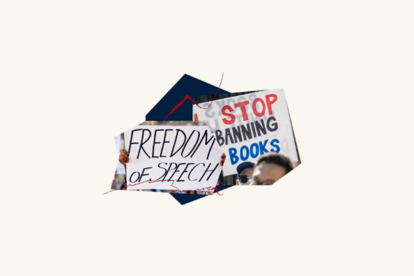 Collage with protest signs that say "Freedom of Speech" and "Stop Banning Books"