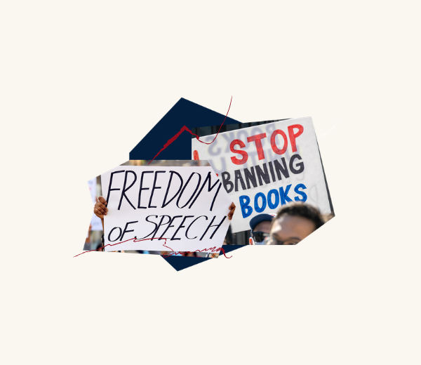 Collage with protest signs that say "Freedom of Speech" and "Stop Banning Books"