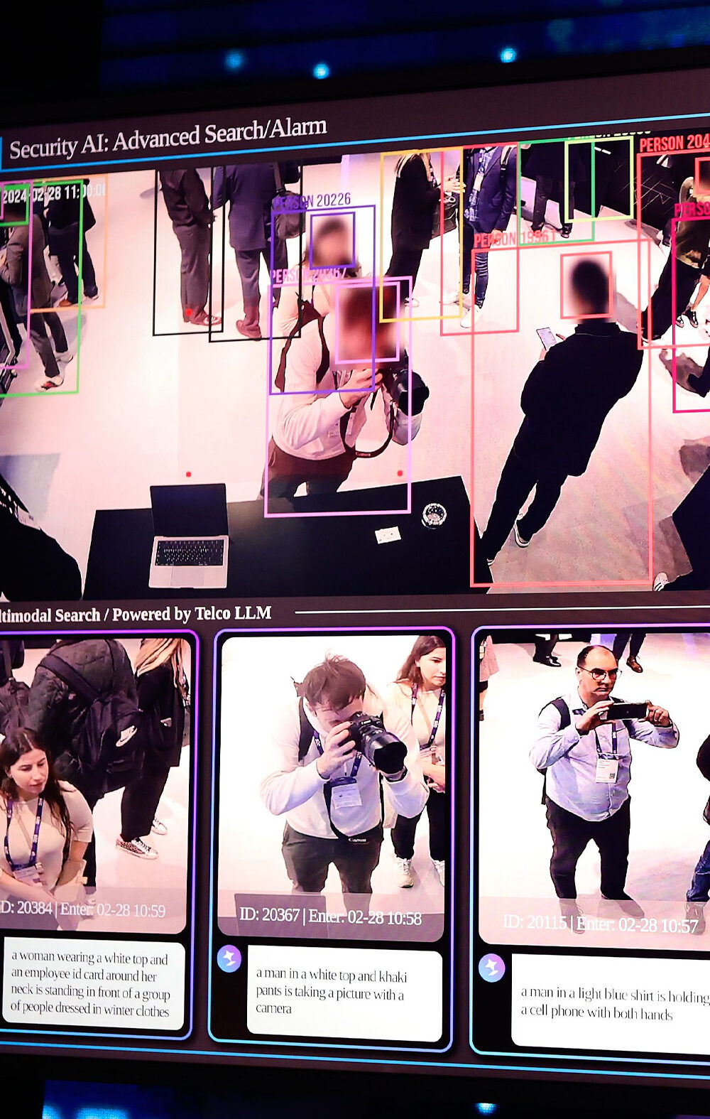 Large display showing an AI security surveillance dashboard using facial recognition-style tracking, with colored boxes around people in CCTV footage and labeled panels for "Advanced Search/Alarm," "Anomaly Analytics" (fire/smoke, violent situation, fall detection), and "Privacy Anonymization."