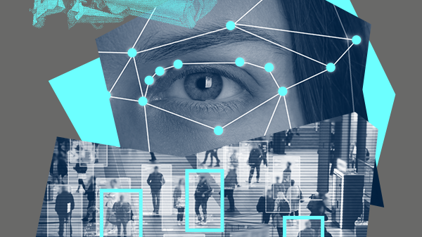 Images showing mass surveillance and facial recognition.