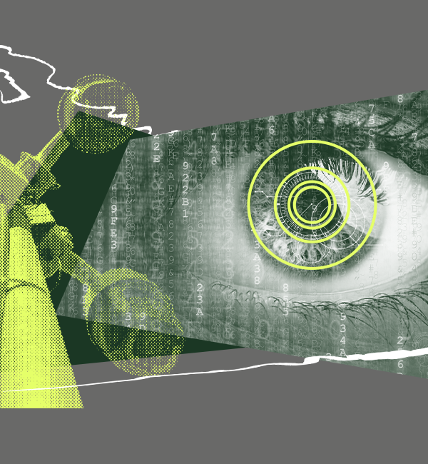 Collage of a Flock camera and an eye spying on activity