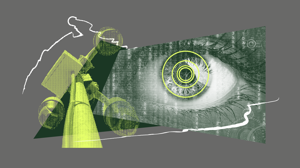 Collage of a Flock camera and an eye spying on activity