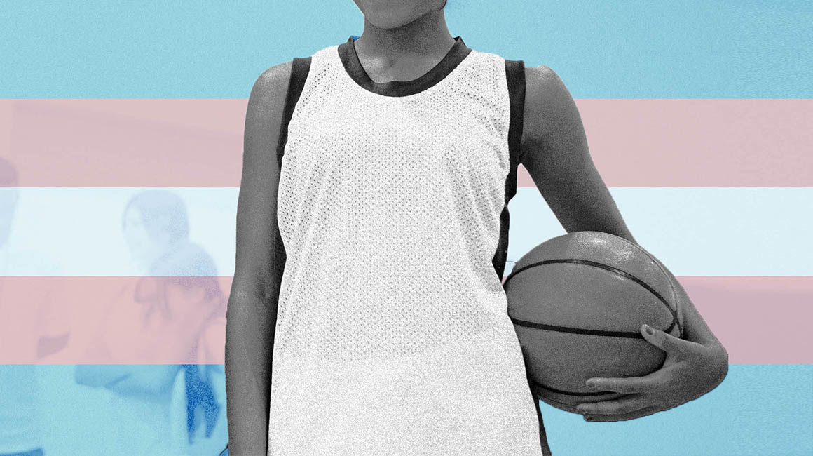 Image of an athlete with a trans flag behind them 
