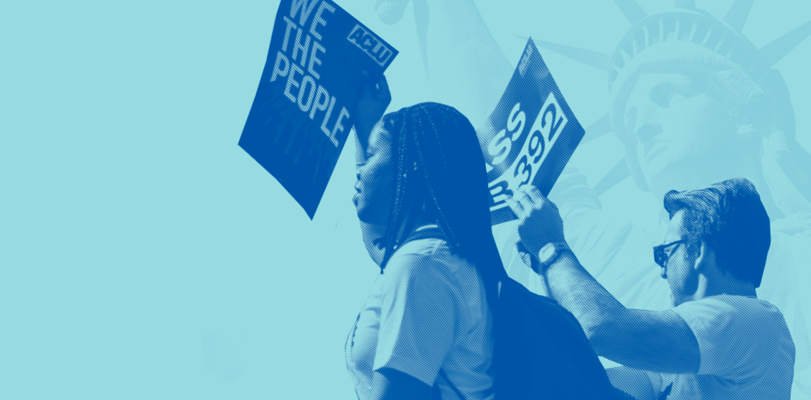 Image of two people at a protest placed over a blue background with the statue of liberty.  