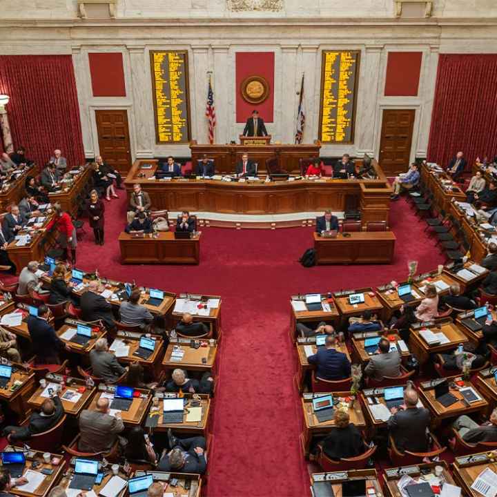 Delegates gathered in the House of Delegates chamber at the Capitol in Charleston, W.Va. to discuss a bill on Feb. 14, 2019.